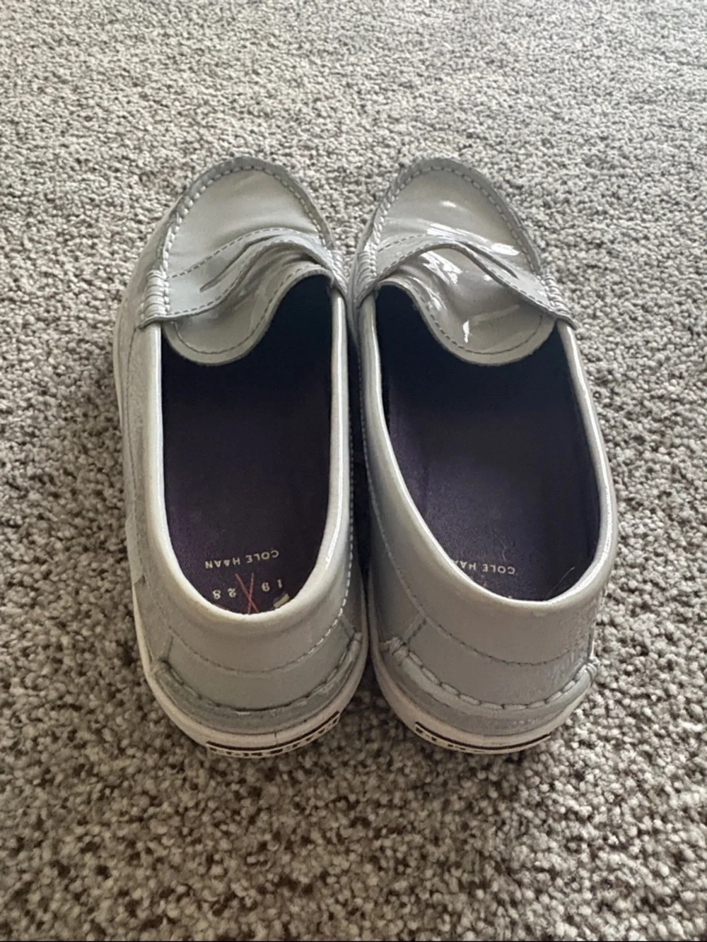Cole Haan Light Gray Patent Penny Loafers with White Sole